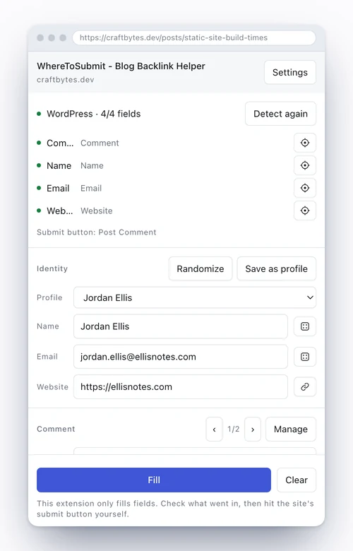 The side panel with a WordPress comment form detected and all four fields matched