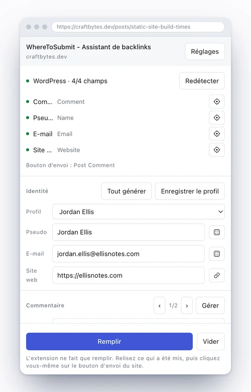 Le panneau latéral avec un formulaire de commentaire WordPress détecté et ses quatre champs